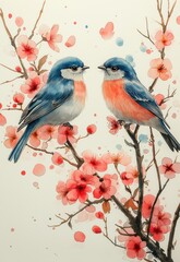 Naklejka na meble Watercolor, two birds sitting on a flowering branch.