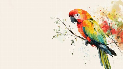 Poster - Bright parrot illustrated perched on a branch with colorful splashes on a light background ready for your design needs. Generative AI