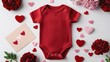 © AImagine Designs - Flatlay Baby onesie mock up Valentine's Day Concept. Baby onesie surrounded by red hearts and flowers on a flat surface