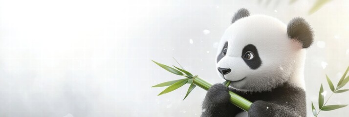 Poster - Joyful panda enjoys fresh bamboo in a serene setting with ample space for text overlay. Generative AI