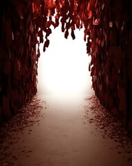 Canvas Print - Red leaf tunnel leading to bright light.