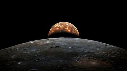Wall Mural - Dramatic view of a celestial body rising above a cratered planet's surface, showcasing contrasting textures and colors against a black backdrop.