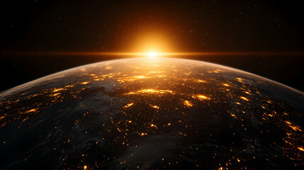 Earth sunrise with city lights.