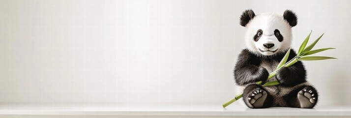Poster - Panda sitting and holding bamboo with empty space for text in a minimalistic setting. Generative AI