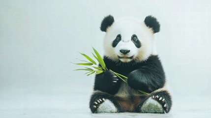 Poster - Panda happily holding bamboo in a serene environment with ample space for adding text or details. Generative AI