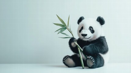 Aufkleber - Panda holding bamboo showcasing playful nature in a calm environment with ample copy space for text. Generative AI