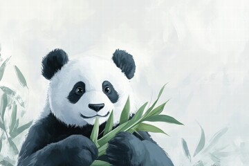 Poster - Panda enjoying bamboo in a tranquil setting with ample space for adding text or messages later. Generative AI