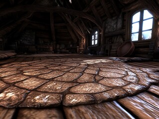 Sticker - Rustic attic room with stone floor rug, wooden beams, windows, and furniture.