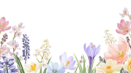 Wall Mural - Spring garden flowers creating a frame including hyacinths, crocuses, and lilies of the valley in soft pastel tones.