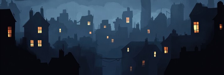 Poster - Dark urban landscape with a few glowing windows at dusk in a quiet city. Generative AI