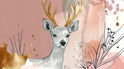 Wall Mural - a golden-antlered deer adorned in pink and gold paint splatters in a painting