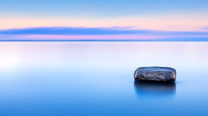 Canvas Print - Serene lake sunset with single rock.