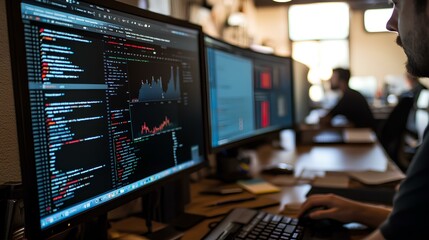 A person is coding on multiple monitors displaying data analytics and programming scripts in a modern office environment.