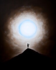 Canvas Print - Silhouette of person on hilltop, gazing at bright light in dark stormy sky.