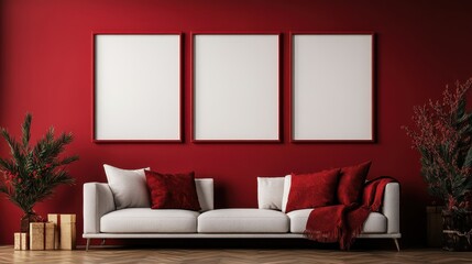 Wall Mural - Contemporary room with bold red sofa and three white blank frames create an artistic ambiance, perfect for those who appreciate modern design and comfort.