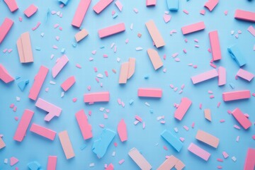 Aufkleber - Colorful pastel debris scattered across a vibrant blue backdrop creating an artistic flat lay display. Generative AI