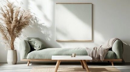 Wall Mural - A minimalist living room features a green couch and pampas grass, accentuated by natural light and simple decor, creating a tranquil and stylish environment.