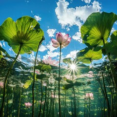 Wall Mural - The pond is full of lotus flowers, green leaves, and sunlight shining through the blue sky