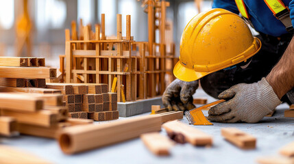 Poster - construction worker wearing yellow hard hat measures materials on building site, surrounded by eco friendly bamboo and wooden structures