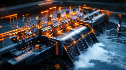 Aufkleber - cutting edge hydroelectric station at night, showcasing water flow and illuminated technology. scene highlights innovation in renewable energy and modern engineering