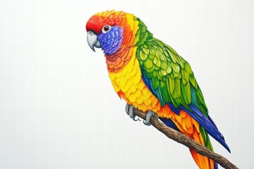 Poster - Brightly colored parrot perched on a branch with vibrant plumage and ample copy space for text. Generative AI