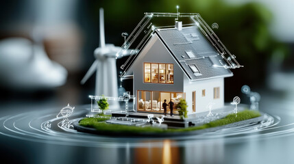 Aufkleber - modern eco friendly home model with architectural designs and renewable energy features, showcasing sustainability and innovation in living spaces