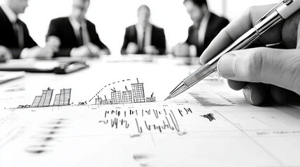 Poster - Financial analyst presenting investment trends to group of professionals, showcasing graphs and charts on table. atmosphere is focused and collaborative
