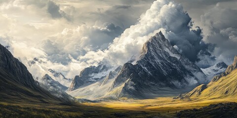 Wall Mural - Majestic clouds gently blanket the mountains, creating a stunning contrast in the landscape where the mountains meet the sky. The clouds enhance the beauty of the mountains in this breathtaking scene.