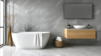 Aufkleber - minimalist bathroom featuring freestanding tub, sleek vanity, and modern decor. elegant design combines gray tiles with natural wood accents, creating serene atmosphere