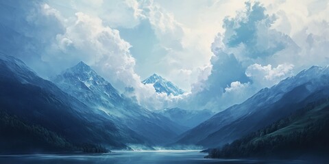 Wall Mural - Majestic clouds gently blanket the mountains, creating a stunning contrast in the landscape where the mountains meet the sky. The clouds enhance the beauty of the mountains in this breathtaking scene.