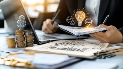 Poster - Efficient business professional analyzing financial documents with charts, coins, and laptop, symbolizing growth and innovation