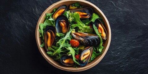 Wall Mural - Delicious salad with mussels, arugula, and greens served in a round takeaway paper container. This healthy food delivery concept highlights fresh ingredients and offers a top view against a black