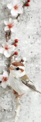 Poster - Small bird perched on a flowering branch.