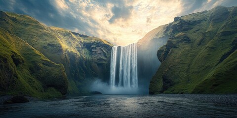 Wall Mural - A stunning panoramic landscape photography showcasing the beauty of waterfalls, capturing the essence and grandeur of waterfalls in a breathtaking view perfect for nature lovers.