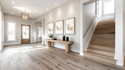 Aufkleber - stylish hallway featuring framed artwork, wooden console table, and staircase. bright space is enhanced by natural light, creating welcoming atmosphere