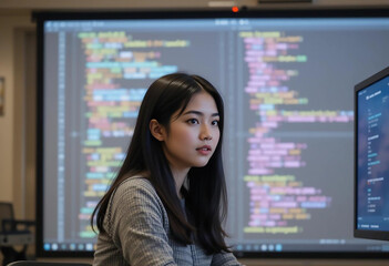 a focused asian woman gazes thoughtfully at a digital display, surrounded by glowing data streams