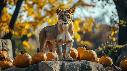 Wall Mural - A majestic lioness stands proudly amidst a display of autumn pumpkins, bathed in the warm light of the season.