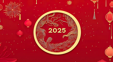 2025 Chinese New Year greeting card design with gold dragon and red lanterns.