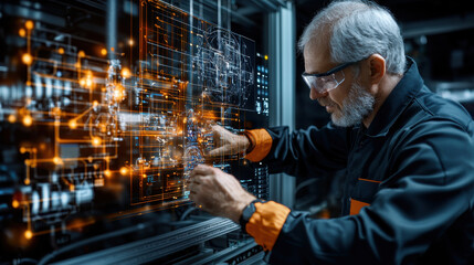 Aufkleber - factory technician interacts with machine learning technology, analyzing data and optimizing processes. environment is high tech and innovative, showcasing advanced machinery