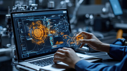 Aufkleber - technician using machine learning on laptop, analyzing data visualizations and network connections in modern workspace. atmosphere is focused and innovative