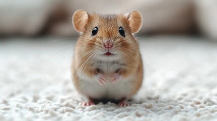 Wall Mural - Adorable small brown mouse sitting on a carpet, looking directly at the camera.