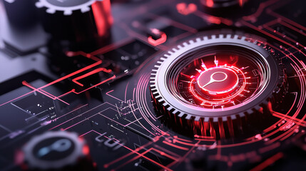 Aufkleber - futuristic digital security system featuring intricate circuitry and glowing red interface. design emphasizes advanced technology and quantum capabilities, creating sense of innovation and