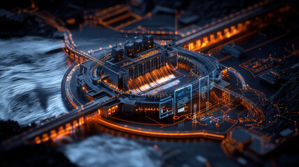 Aufkleber - Futuristic hydroelectric facility at night with illuminated structures and flowing water. scene showcases advanced technology and energy production in vibrant setting