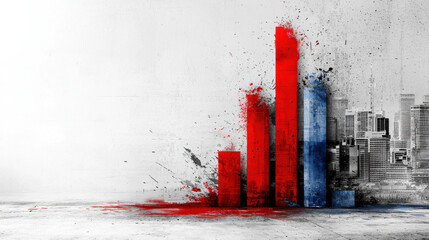 Aufkleber - Dynamic bar chart illustrating economic growth and inflation trends, featuring bold red and blue colors against urban backdrop. visual impact conveys sense of urgency and change