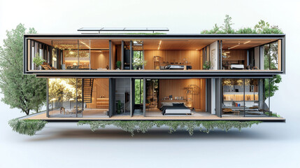Poster - Modern house design with large windows, greenery, and open spaces. This architectural marvel features blend of nature and contemporary living, showcasing sustainable elements and stylish interiors