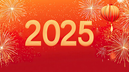 Wall Mural - Golden 2025 on red background with fireworks and lantern.