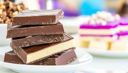 Wall Mural - Stack of dark and milk chocolate bars on a plate.