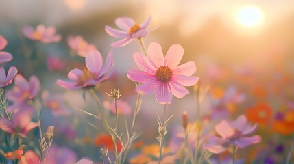 Wall Mural - A vibrant field of soft pink and purple flowers basking in the warm glow of the setting sun.