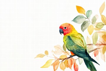 Poster - Bright parrot illustration perched gracefully on a branch with colorful leaves in a serene setting. Generative AI