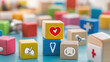 © Kosin - Colorful wooden blocks with medical symbols, including heart and stethoscope, create playful learning environment. These blocks are perfect for educational purposes